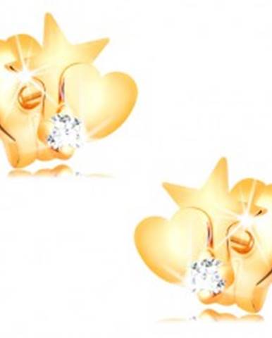 Zlaté diamantové náušnice 585 - hviezda a srdce, okrúhly číry briliant