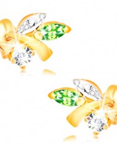 Zlaté náušnice 585 - vetvička s listami, zelený smaragd, číry diamant