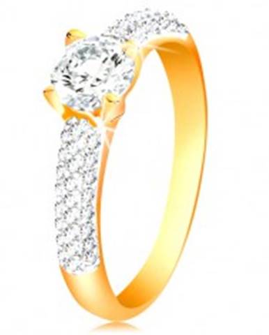 Zlatý 14K prsteň - trblietavé ramená, vyvýšený okrúhly zirkón čírej farby - Veľkosť: 50 mm