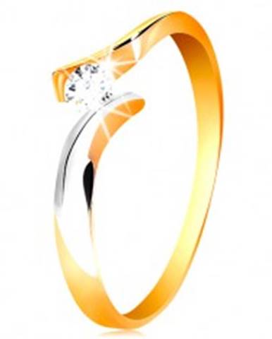 Zlatý prsteň 585 - okrúhly číry zirkón, dvojfarebné a zvlnené ramená - Veľkosť: 50 mm