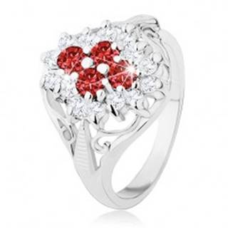 Lesklý prsteň s rozdelenými ramenami, červeno-číry zirkónový kvet - Veľkosť: 49 mm