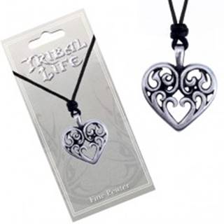 Šnúrkový náhrdelník - lesklý kovový prívesok, srdce s ornamentmi