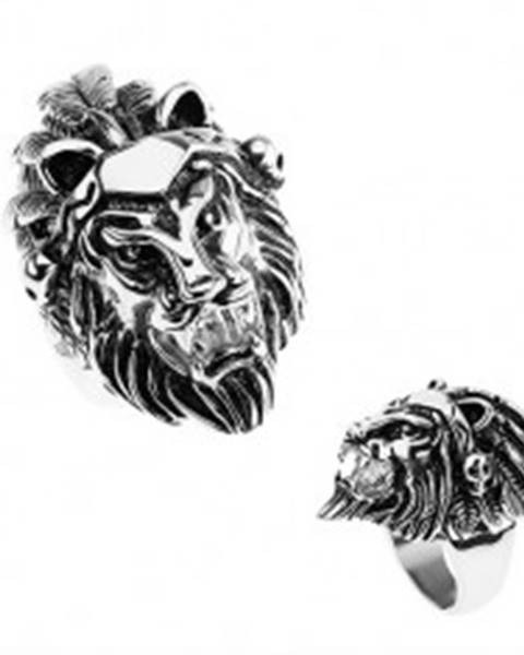 Prsteň z ocele 316L, strieborná farba, hlava leva, čelenka s pierkami, lebky - Veľkosť: 56 mm