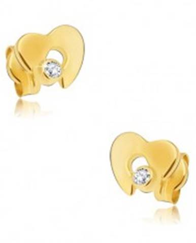 Diamantové zlaté náušnice 585 - lesklé srdce s výrezom a čírym briliantom