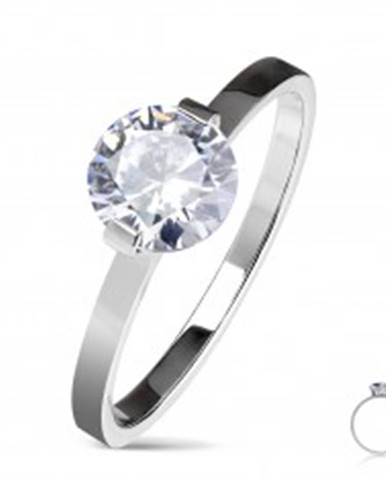 Oceľový zásnubný prsteň striebornej farby, okrúhly číry zirkón, lesklé ramená - Veľkosť: 50 mm
