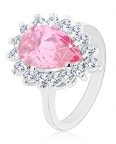 Trblietavý prsteň s úzkymi ramenami, ružová zirkónová slza, okrúhle zirkóniky - Veľkosť: 49 mm