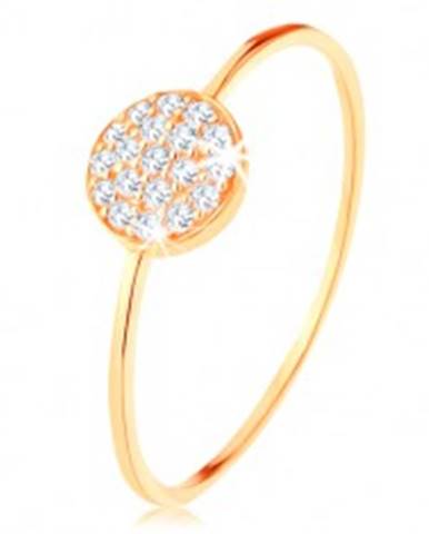 Zlatý prsteň 585 - tenké lesklé ramená, kruh vykladaný čírymi zirkónmi - Veľkosť: 50 mm