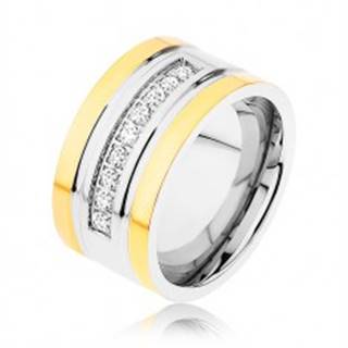 Oceľový prsteň zlatej a striebornej farby, trblietavá zirkónová línia, zárezy - Veľkosť: 57 mm