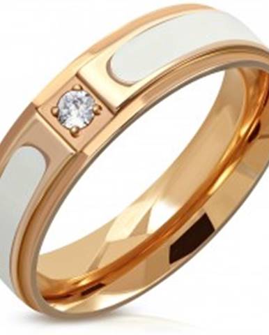 Oceľový prsteň medenej farby - biely pás, znížené hrany, číry okrúhly zirkón, 6 mm - Veľkosť: 54 mm