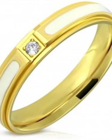 Oceľový prsteň - lesklý povrch zlatej farby, biela glazúra a zirkón, 4 mm - Veľkosť: 47 mm