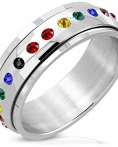 Lesklý oceľový prsteň - otáčavý stred, zirkóny vo farbách dúhy - Veľkosť: 52 mm