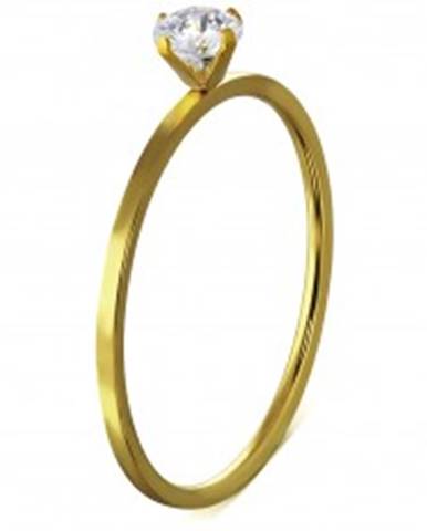 Úzky oceľový prsteň, zlatá farba, kamienok uchytený štyrmi paličkami - Veľkosť: 46 mm
