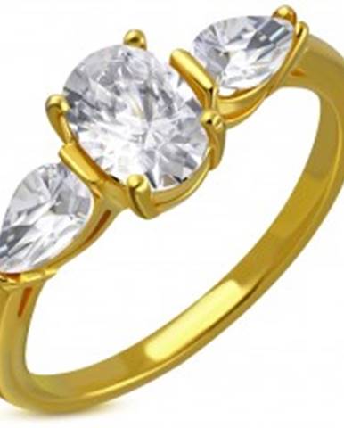 Prsteň z ocele v zlatom odtieni - číry trblietavý zirkón, zirkónové slzičky - Veľkosť: 49 mm