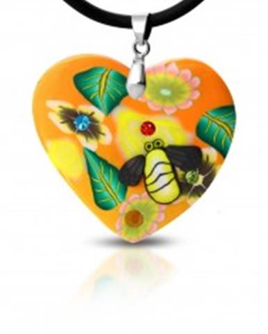 Fimo náhrdelník - oranžové srdce s kvetmi a včelička