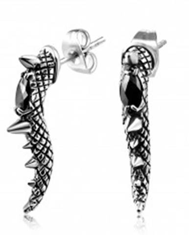 Oceľové náušnice - patinovaný chvost draka s ostňami a čiernym zirkónom