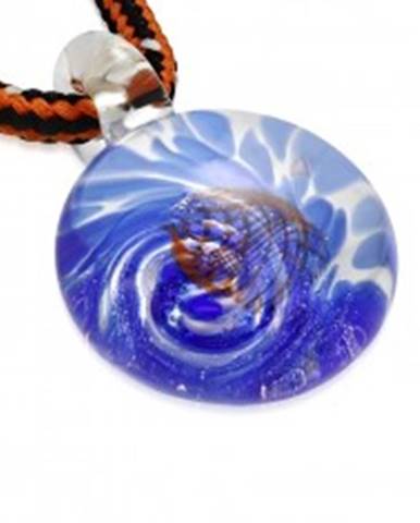 Šnúrkový náhrdelník - farbené sklo so špirálou modrej farby, oranžové vlnky