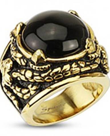 Mohutný prsteň zlatej farby z chirurgickej ocele, ónyx v dračích pazúroch - Veľkosť: 57 mm