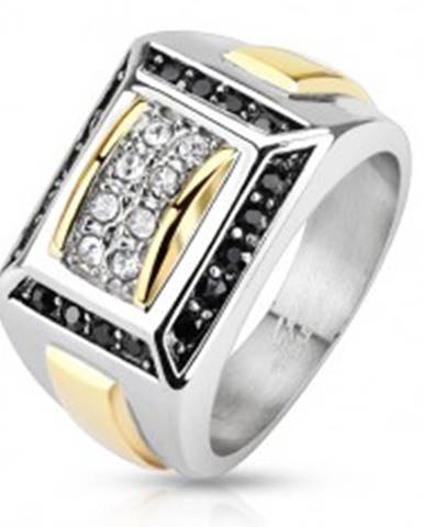 Oceľový prsteň striebornej a zlatej farby, čierne a číre zirkóny, obdĺžniky - Veľkosť: 56 mm