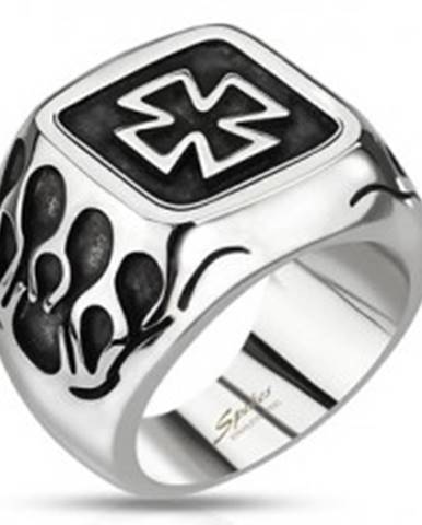 Pečatný prsteň z ocele - keltský kríž s plameňmi a patinou - Veľkosť: 59 mm