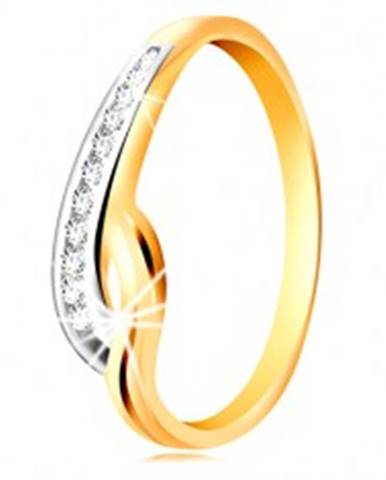 Prsteň v 14K zlate - dvojfarebné zvlnené ramená, línia čírych zirkónov a zárez - Veľkosť: 49 mm