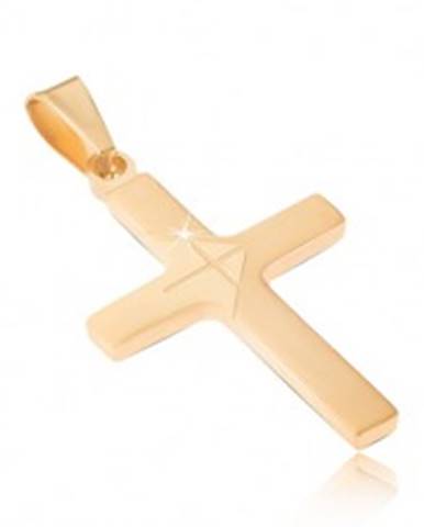 Prívesok z chirurgickej ocele zlatej farby, lesklý latinský kríž, matná šípka