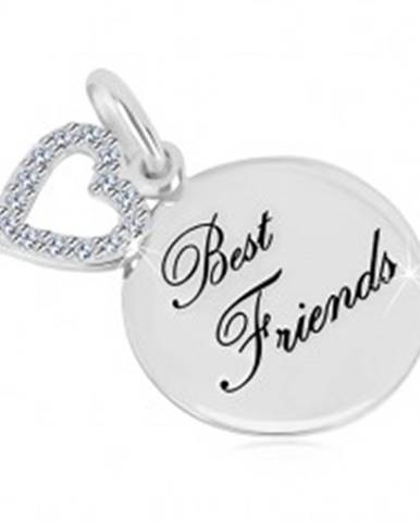 Strieborný prívesok 925 - lesklý kruh, nápis "Best Friends", kontúra srdca so zirkónmi