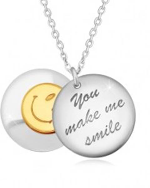 Strieborný 925 náhrdelník - dva vypuklé kruhy, nápis "You make me smile", smajlík