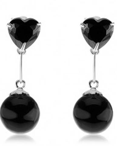 Strieborné 925 náušnice, zirkónové srdce a guľatá perla v čiernej farbe