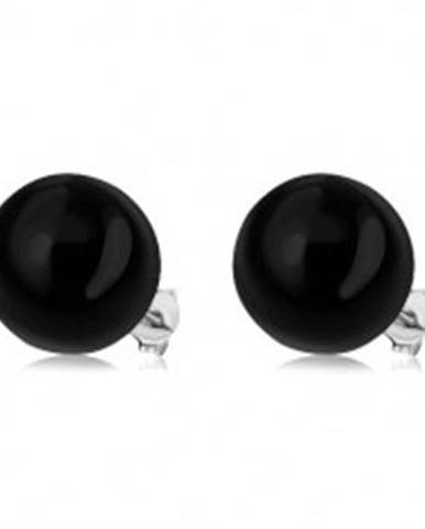 Strieborné náušnice 925, lesklá čierna perla, 14 mm, puzetky