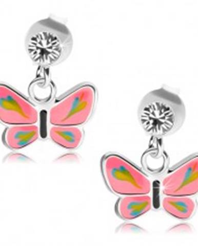 Strieborné náušnice 925, číry Swarovského krištáľ, motýlik s ružovými krídlami