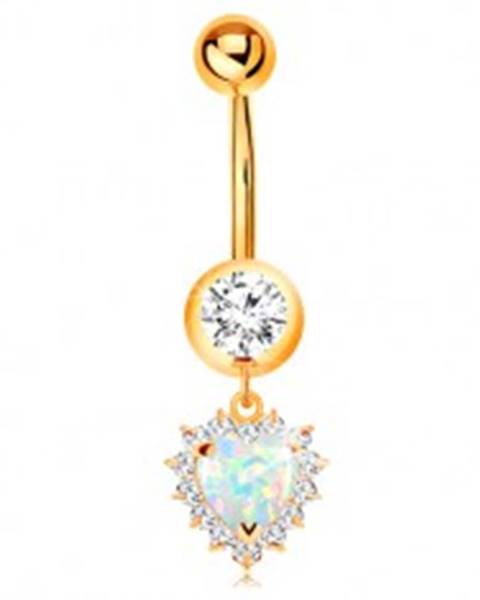 Zlatý 14K piercing do pupku - okrúhly zirkón v objímke, opálové srdce s čírym lemom