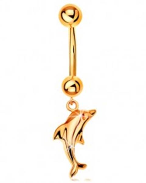 Zlatý 585 piercing do pupku - banán s dvoma guličkami a visiaci lesklý delfín