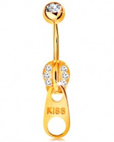 Piercing do bruška v žltom 14K zlate - zips zdobený zirkónikmi a nápisom KISS