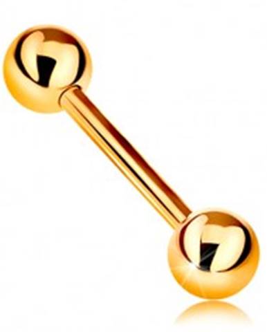 Zlatý 14K piercing - lesklý barbell s dvoma lesklými guličkami, žlté zlato, 12 mm