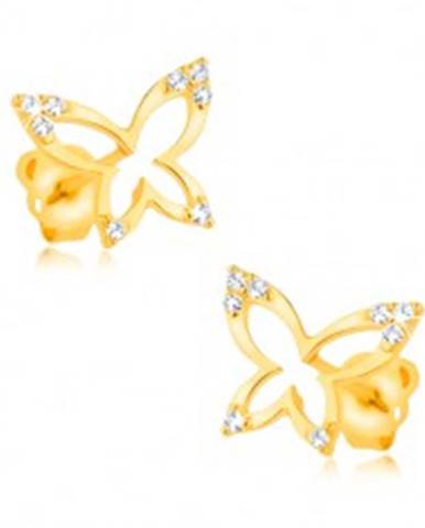 Zlaté náušnice 375 - lesklá kontúra motýľa, zirkónové cípy krídel