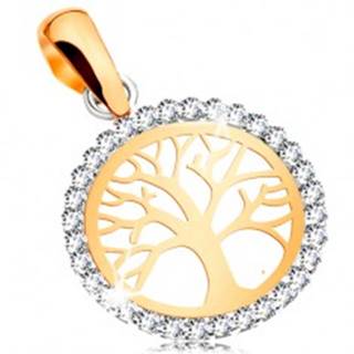 Zlatý 14K prívesok - lesklý strom života v zirkónovej kontúre kruhu