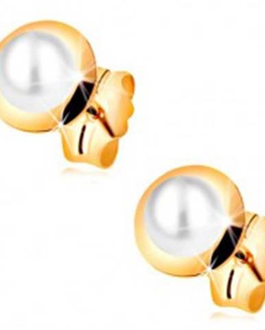 Náušnice v žltom 14K zlate - biela perla vložená v malom lesklom kruhu