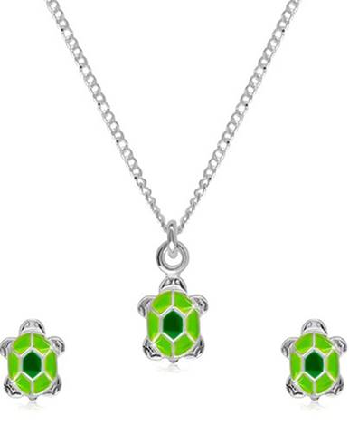 Strieborná 925 dvojdielna sada - náhrdelník a náušnice, korytnačka so zelenou glazúrou na pancieri