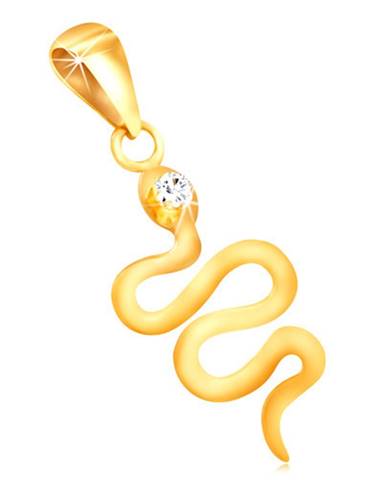 Prívesok zo žltého 14K zlata - zvlnený lesklý hadík, číry okrúhly zirkón
