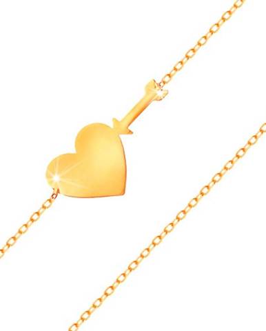 Náramok v žltom zlate 585 - tenká ligotavá retiazka, lesklé ploché srdce a šíp
